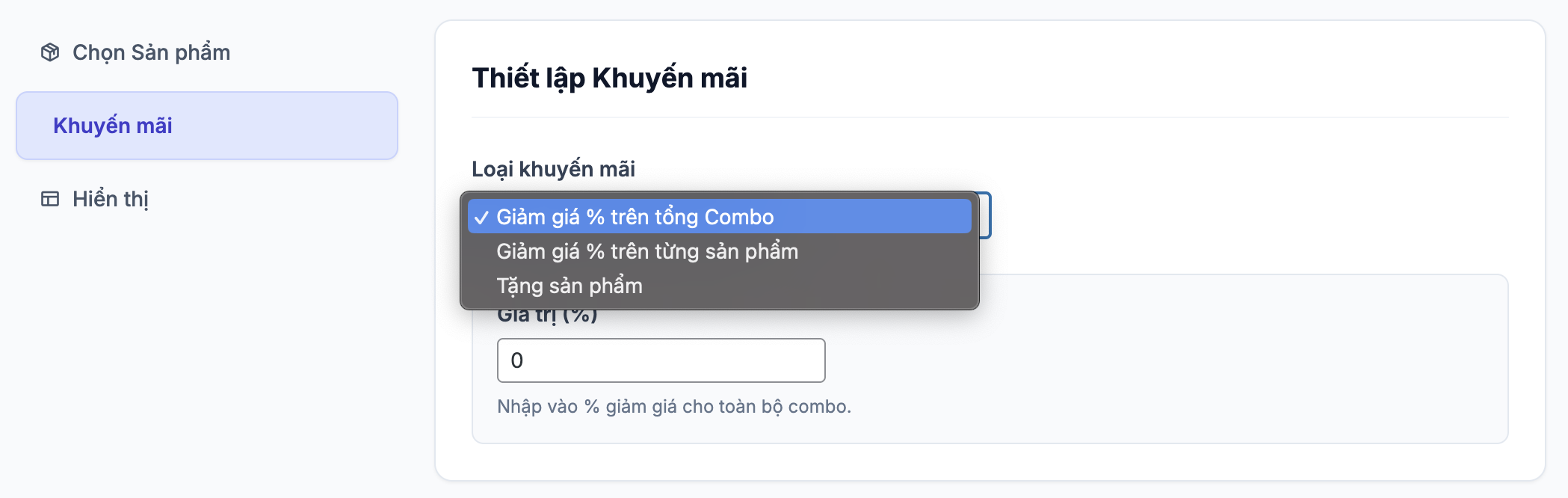 Thiết lập khuyến mại Combo