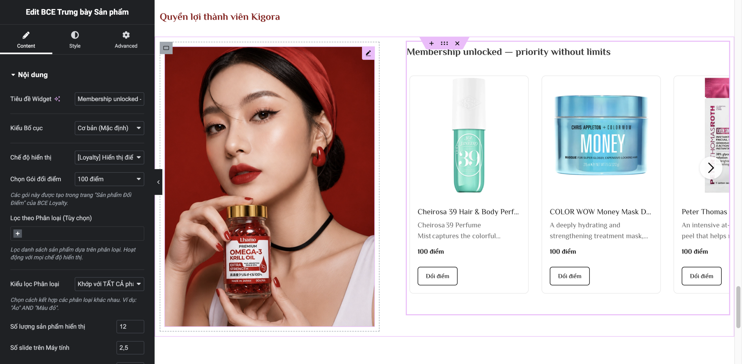 Khu vực cài đặt Loyalty