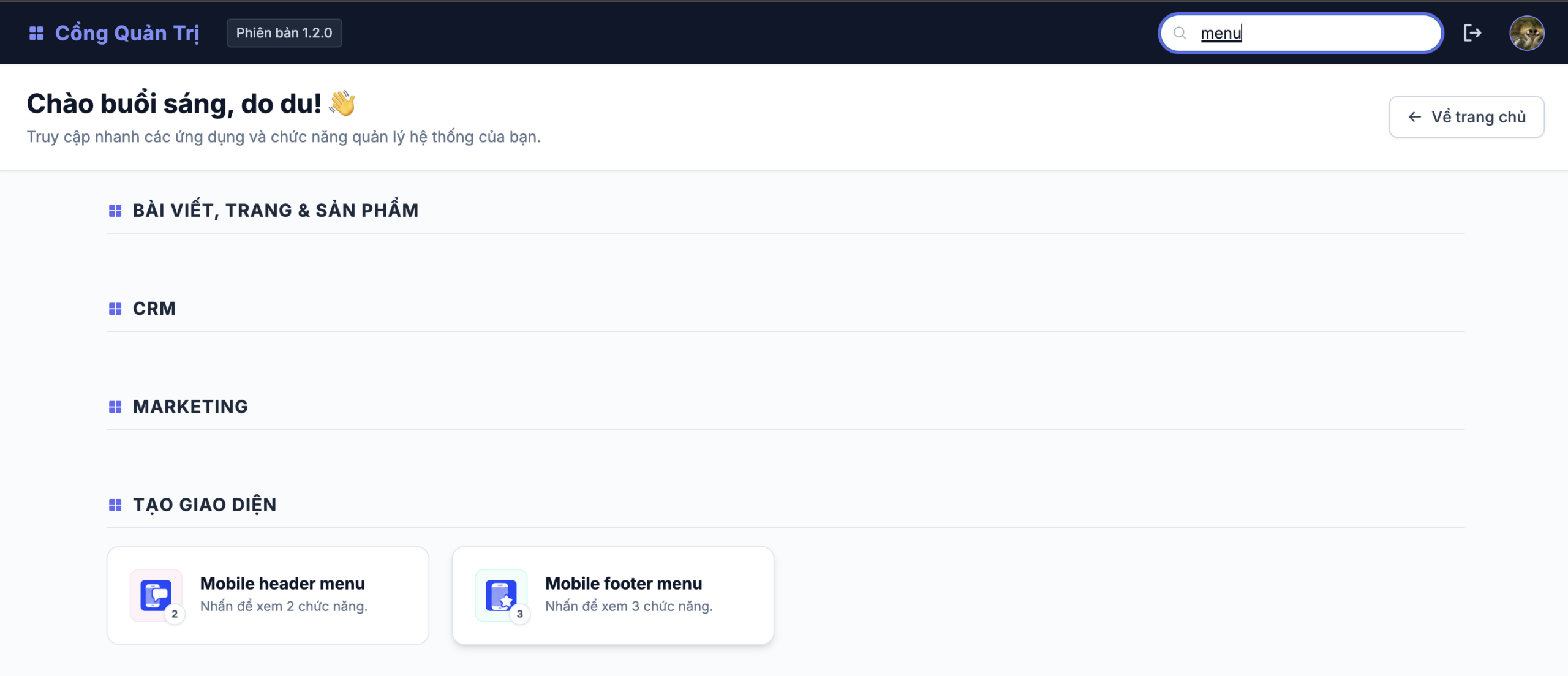 Bước 1: Truy cập cấu hình Mobile Footer Menu