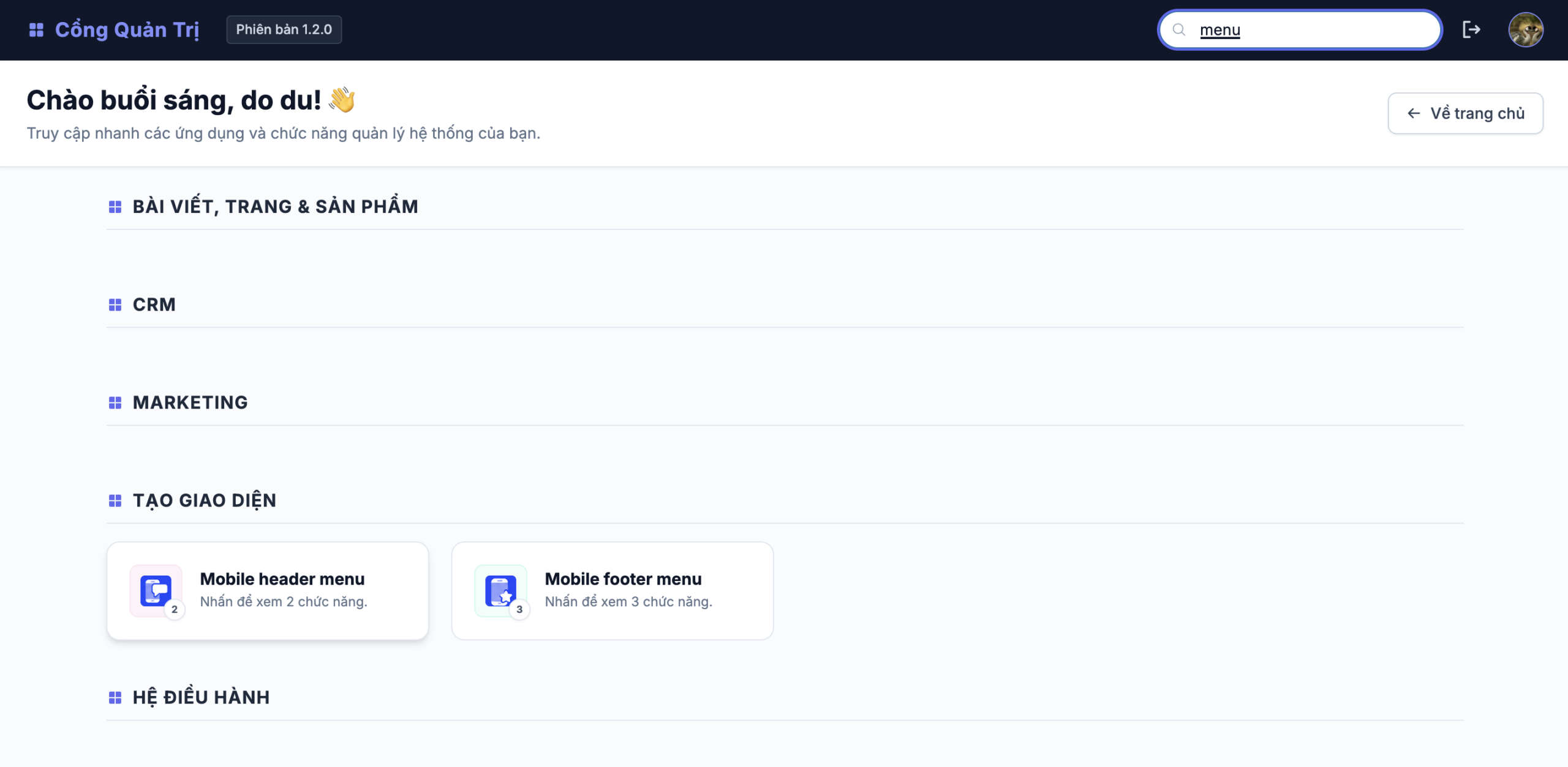 Bước 1: Tìm kiếm module Menu mobile header