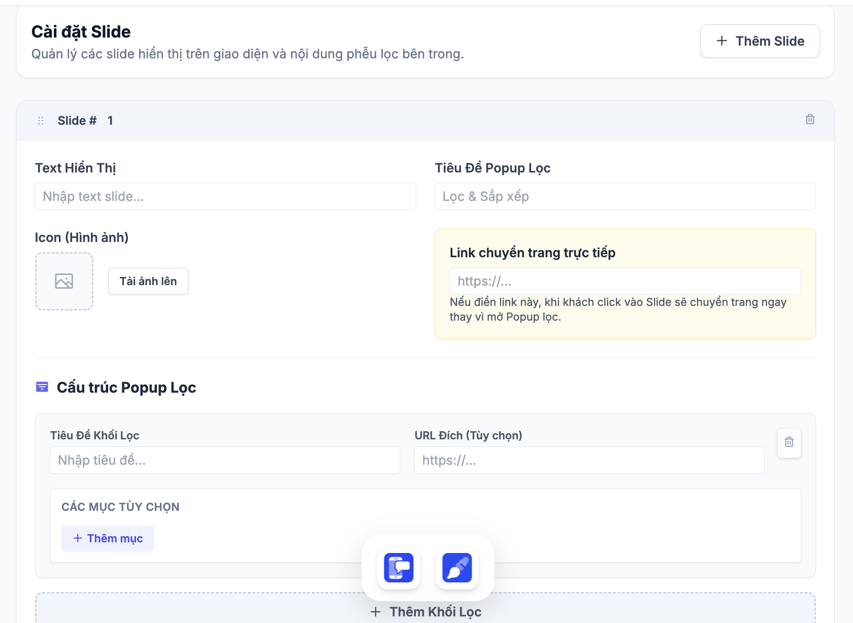 Bước 4: Thiết lập cấu trúc Popup Lọc