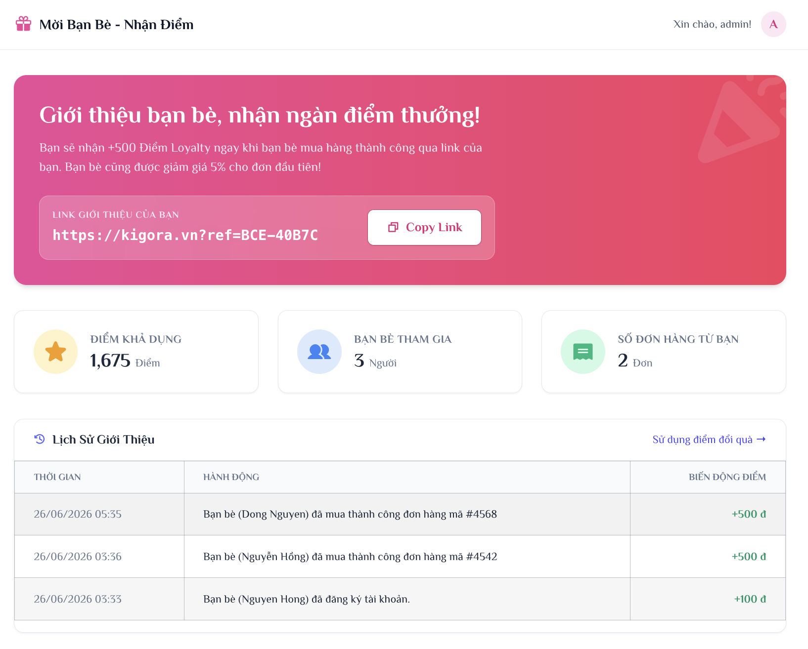Giao diện khách của thành viên